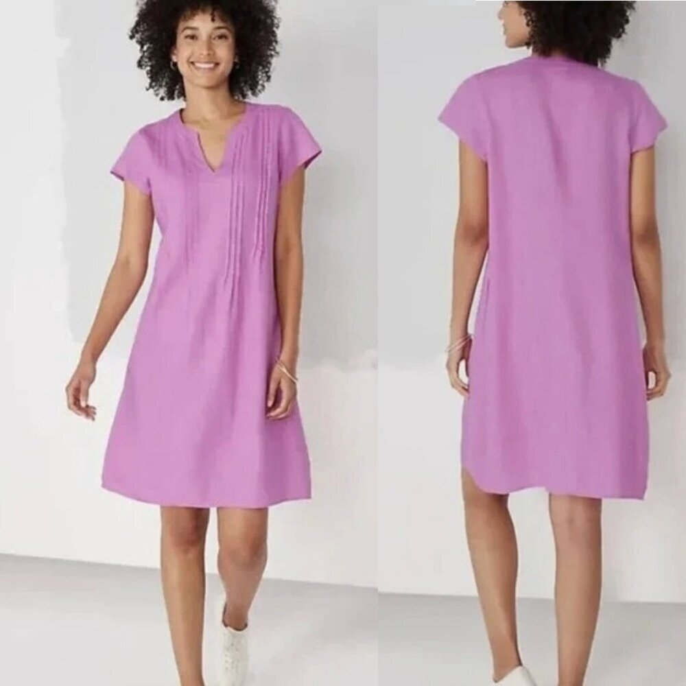 J. Jill 100% Linen Pintucked Short Sleeved Shift Dress in Camellia Pink, L/P
